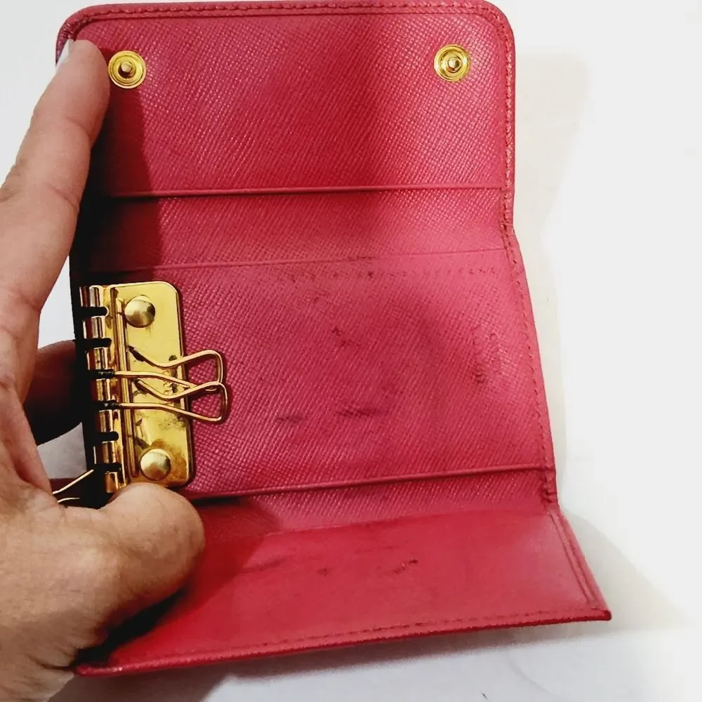 PRADA authentic Saffiano leather red / pink key  card case with box